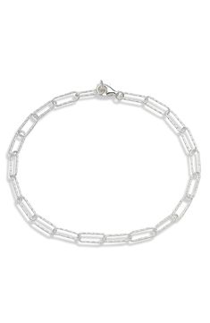 A hammered finish enhances the gleam of a delicate bracelet formed from signature oval-shaped links. Style Name:Monica Vinader Alta Textured Chain Link Bracelet. Style Number: 6203859. Elegant Sterling Silver Bracelet With Oval Link Paperclip Chain, Elegant Hammered Link Jewelry, Sterling Silver Paperclip Bracelet With Oval Links, Formal Silver Paperclip Bracelet With Oval Links, Silver Paperclip Bracelet With Oval Links For Formal Occasions, Modern Hammered Oval Link Jewelry, Elegant Sterling Silver Clasp Chain Bracelet, Elegant Oval Link Chain Bracelet With Sterling Silver Clasp, Sterling Silver Hammered Link Jewelry