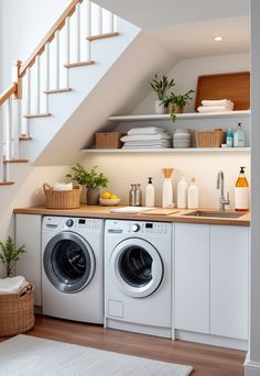 Staircase Storage Under Stairs Under The Stairs Laundry Room, Laundry Under Stairs, Under Stairs Laundry Room, Laundry Area Ideas, Staircase Cabinet, Laundry Folding Station