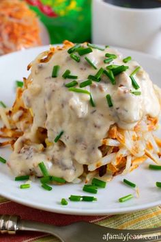 a close up of a plate of food with gravy and green onions on it