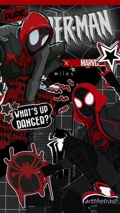 the spider - man movie poster is shown in black and red colors, with various stickers on it