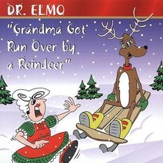 an image of a cartoon character riding on a sleigh in the snow with reindeer