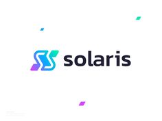 the logo for solaris is shown on a white background with blue and pink shapes