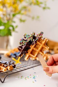 a waffle with chocolate and sprinkles on it being held by a wooden stick