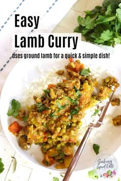 a white plate topped with rice and meat next to cilantro leaves on the side