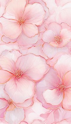 pink flowers are arranged in the shape of petals on a white and pink background with gold accents