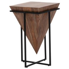 a wooden table with metal legs and a triangular design on the top, against a white background