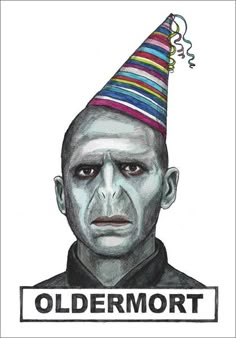 a drawing of a man wearing a birthday hat with the words oldermott on it