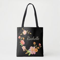 Shopping Bag featuring a black background with orange pink and green flowers and a custom first name monogram Personalized Black Rectangular Bag, Black Monogram Bags For Everyday Use, Everyday Personalized Black Shoulder Bag, Black Rectangular Monogram Bag, Personalized Gift Black Rectangular Bag, Personalized Black Shoulder Bag For Everyday, Personalized Black Shoulder Bag For Daily Use, Customizable Black Rectangular Bag, Customizable Black Tote Bag