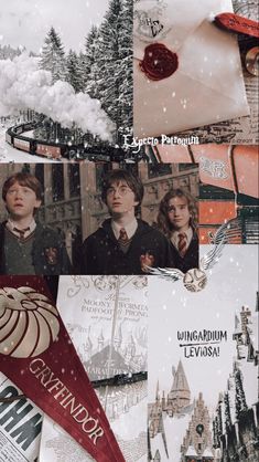 harry potter collage with hogwart's houses and other things in the background