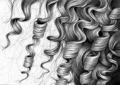 some drawings of curly hair are shown in black and white