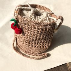 -Crochet Bag ,Bucket Bag,Crochet Bucket Bag, Knit bag, Crochet Shoulder Bag, Crochet Knit Bag, Beige Bag- You will never have space problems while using your bag! The bottom is knitted with a round base and has been completely thought out to provide more carrying capacity. >The cherry key ring is included in the price. This is my gift.:) >Size & Fit -Height: 20cm -Width : 23cm -Diameter: 18cm -Strap Height: 120cm !Due to handmade item, sizes may vary slightly! >Color: Beige, Blue, Pink Bucket Bag Crochet, Crochet Bag Ideas, Crochet Bucket Bag, Shoulder Bag Crochet, Knit Bag, Crochet With Cotton Yarn, Handmade Crochet Bags, Crochet Shoulder Bag, Crochet Bucket