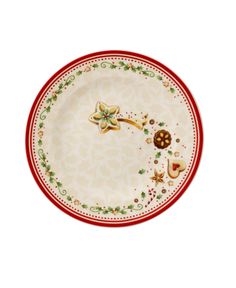 a white and red plate with christmas decorations on it