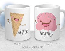 two coffee mugs with cartoon characters on them, one has an ice cream cone and the other is a doughnut