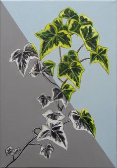 a painting of a green plant on a gray and blue background with two diagonals