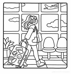 a woman walking with her luggage in front of an airport window coloring page for kids