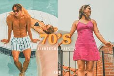 two people in swimsuits standing next to a pool with the words 70's on it