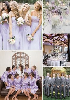 the bride and groomsmid are posing for pictures with their wedding party in purple