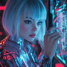 a woman with blonde hair and blue eyes is looking at the camera while wearing futuristic clothing