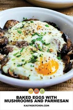 baked eggs with mushrooms and parmesan in a bowl