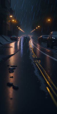 rain is falling down on the street at night