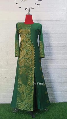 Silk Long Kurti Designs Party Wear, Long Kurti Patterns Designer, Party Wear Kurti Designs Latest, One Piece Design Dresses Long, Silk Kurti Designs Party Wear Latest Fashion, Silk Saree Dress Design Ideas, Gown From Saree Designs, Silk Saree Gown Designs, Banarsi Dress Designs