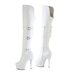 Brand New In Original Box - Pleaser Brand White Matte Leatherette 6" (152mm) Heel, 1 3/4" (45mm) Platform Triple Buckle Strap Stretch Over-The-Knee Boots 2/3 Inner Side Zip Closure White Heeled Boots, Thigh Boots, Pleaser Shoes, Thigh Boot, Over The Knee Boots, Over The Knee, Women's Boots, Knee Boots, Side Zip