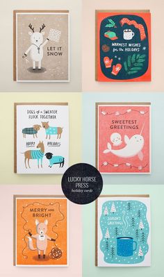 four different greeting cards with animals on them