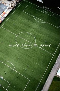 an aerial view of a soccer field with words written on it