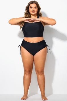 Black Drawstring Side High Waisted Bikini Bottom Rib Cage, New Day, The Black, High Waisted, Black