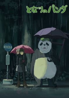 two people holding umbrellas standing in the rain next to a panda and another person with an umbrella