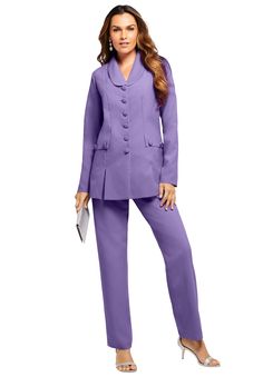 Shawl collar jacket with button-trimmed decorative faux flap pockets. Elasticized pull-on pants. Jacket: 32.5" length; pants: 29" inseamPolyMachine wash Imported  | Plus Size Women's Ten-Button Pantsuit by Roaman's in Vintage Lavender (Size 32 W) Formal Purple Bottoms With Pockets, Classic Solid Color Pantsuit With Pockets, Classic Pantsuit With Pockets, Classic Solid Pantsuit With Pockets, Elegant Purple Blazer With Pockets, Purple Notch Lapel Blazer, Elegant Fitted Lavender Bottoms, Elegant Bottoms With Buttoned Pockets, Purple Long Sleeve Pantsuit For Work