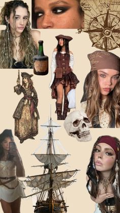 a collage of photos with pirate women and men on them, including an old ship