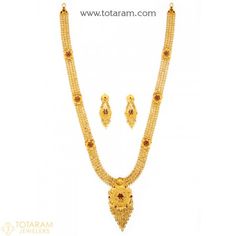 22K Gold Long Necklace & Drop Earring Set with Stones - 235-GS3051 - Buy this Latest Indian Gold Jewelry Design in 46.800 Grams for a low price of $2,385.99 Gold Necklace Sets, 22 Karat Gold Jewelry, Indian Gold Jewellery Design, India Necklace, Indian Diamond Jewellery, Indian Gold Jewelry, 22k Gold Necklace, Temple Jewelry Necklace, Stone Necklace Set