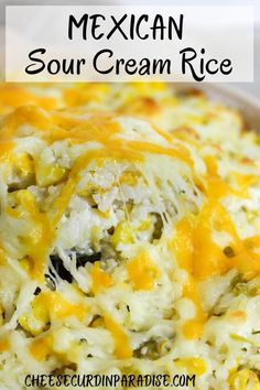 mexican sour cream rice with broccoli and cheese in a casserole dish