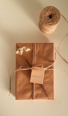 a brown package wrapped in twine next to a sprig of string and a ball of twine