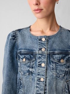 Collarless Cropped Icon Denim Jacket Cropped Dark Wash Denim Jacket With Button Closure, Cropped Denim Blue Jacket With Buttons, Fitted Spring Denim Jacket By Gap, Trendy Gap Denim Jacket, Gap Denim Jacket With Button Closure, Trendy Gap Long Sleeve Denim Jacket, Fitted Long Sleeve Denim Jacket By Gap, Fitted Gap Outerwear With Button Closure, Cropped Denim Jacket