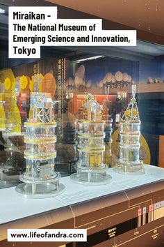 there are many glass vases on display in the store window with information about them