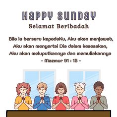 a happy sunday card with three people standing in front of a table and two windows