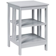 a white table with two shelves on the bottom and one shelf below it, against a white background