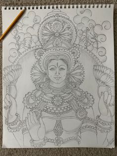 Kerala Mural Goddess Lakshmi pencil art Kerala Mural Art, Animal Sketches Easy, Cute Panda Drawing, Durga Painting, Pichwai Paintings