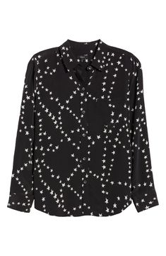 Add some star power to your wardrobe in this chic, lightweight button-up detailed with a patch pocket and rounded hem. 27" length (size Medium) Front button closure Spread collar Long sleeves with button cuffs Chest patch pocket 100% silk Dry clean Imported Star Chain, Shirt Cuff, Black Star, Silk Shirt, Star Print, Cheetah Print, Silk Blouse, Print Tops, Patch Pocket