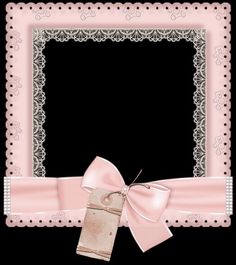 a pink frame with a bow and a tag hanging from it's side on a black background