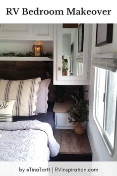 an rv bedroom makeover with white walls and wood flooring