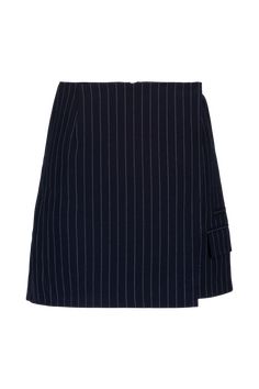 Slightly a-shaped navy mini skirt with overlapping front raw edges and pockets. pair with pinstripe suit jacket. Navy Mini Skirt, Layering Jacket, Smokey Topaz, Knit Alpaca, Pinstripe Suit, Pin Stripe, Favorite Daughter, A Perfect Circle, Knit Pants