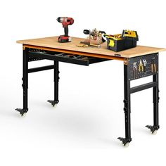 a workbench with tools on the table