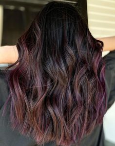 Dark Brown With Plum Balayage, Brunette And Violet Hair, Plum Color Highlights, Dark Hair Color Highlight Ideas, 2023 Fall Hair Trends Dark, Brunette With Plum Highlights, Subtle Color Highlights For Dark Hair, Fun Darker Hair Colors, Rich Winter Hair Color