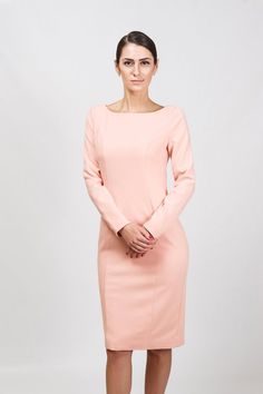 Pink Long Sleeve Lined Pencil Crepe Dress by TAVROVSKA Round | Etsy Fitted Boat Neck Midi Dress For Party, Chic Long Sleeve Bodycon Wedding Dress, Boat Neck Bodycon Dress For Parties, Bodycon Boat Neck Dress For Party, Bodycon Boat Neck Party Dress, Party Bodycon Dress With Boat Neck, Fitted Long Sleeve Dress For Wedding Guest, Elegant Bodycon Midi Length Dress, Fitted Long Sleeve Pink Dress For Formal Occasions