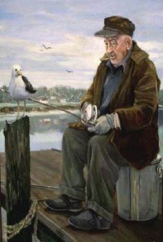 a painting of an old man sitting on a dock next to a seagull