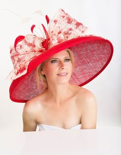 "Red very wide brim hat couture classical hat for elegant ladies. Wear it at the weddings, or church or Ascot or Derby or club events- you will be definitely the most elegant lady! This hat is made of sinamay and adorned with 3 hand dyed and painted silk abaca bows, feathers and loops. . It's done with 3 layers of sinamay for a very good stability and a long lasting life. This hat is about 22\" around the brim. It can be done in any size, please request yours. Also, this design can be done in ma Red Fascinator For Kentucky Derby Wedding, Red Fascinator For Wedding At Kentucky Derby, Red Fascinator For Wedding At Royal Ascot, Red Top Hat For Spring Wedding, Elegant Red Church Hat, Elegant Red Mini Hat With High Crown, Red Wedding Fascinator, Elegant Red High Crown Mini Hats, Elegant Red Top Hat For Kentucky Derby