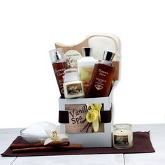 A complete spa gift set in a box ?, no frills here just pure pampering and relaxation. Soothe and diffuse stress with a luxurious at-home spa treatment! A white gift box with your personalized message arrives with everything she needs to have a relaxing and pampering day. All of our bath products are created with nourishing ingredients including Shea Butter and Vitamin E to give you incredibly soft and moisturized skin, truly a treat for your senses and skin. Our products are PARABEN-FREE and NE Vanilla Body Spray, Spa Basket, Mother's Day Gift Card, Spa Gift Set, Gift Baskets For Women, Home Spa Treatments, Wine Gift Baskets, Spa Gift Basket, Spa Gift Box